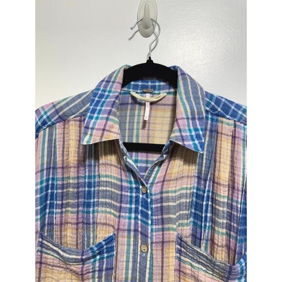 Free People The Voyage Shirtdress Gauze Plaid Blue in Sunrise Combo Size XS - Picture 9 of 14